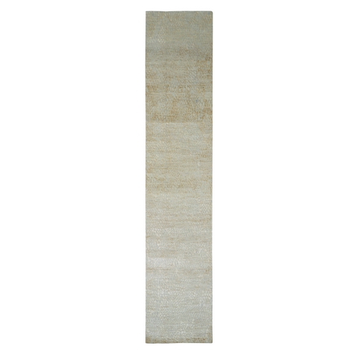 Ivory & Gold, Contemporary Design, Hand Knotted, Densely Woven, Persian Knot, Silk with Textured Wool Pile, Tone on Tone, Narrow Runner, Oriental 