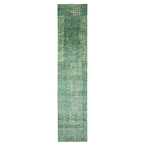 Mint Green, Contemporary Design, Hand Knotted, Densely Woven, Persian Knot, Silk with Textured Wool Pile, Tone on Tone, Narrow Runner, Oriental 