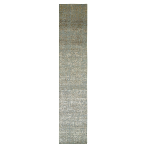 Sand Brown, Contemporary Design, Hand Knotted, Densely Woven, Persian Knot, Silk with Textured Wool Pile, Tone on Tone, Narrow Runner, Oriental 