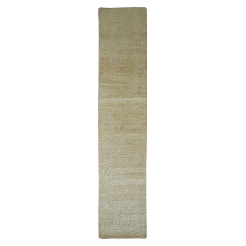 Ivory & Gold, Contemporary Design, Hand Knotted, Densely Woven, Persian Knot, Silk with Textured Wool Pile, Tone on Tone, Narrow Runner, Oriental 