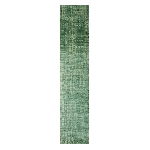 Mint Green, Contemporary Design, Densely Woven, Persian Knot, Silk with Textured Wool Pile, Hand Knotted, Tone on Tone, Narrow Runner, Oriental 