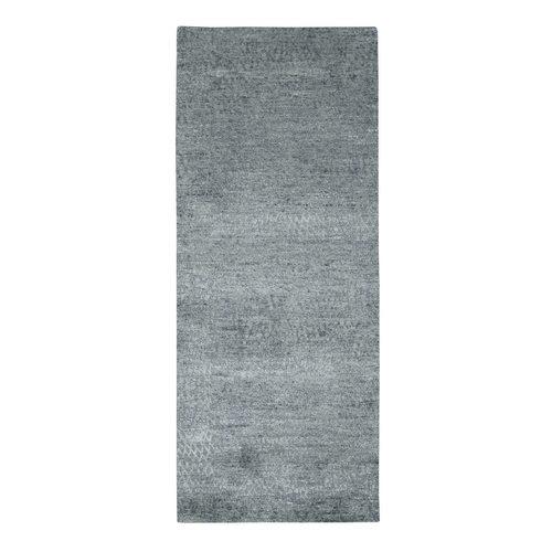Flannel Gray, Contemporary Design, Hand Knotted, Densely Woven, Persian Knot, Silk with Textured Wool Pile, Tone on Tone, Narrow Runner, Oriental 