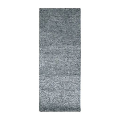 Flannel Gray, Contemporary Design, Hand Knotted, Densely Woven, Persian Knot, Silk with Textured Wool Pile, Tone on Tone, Narrow Runner, Oriental 