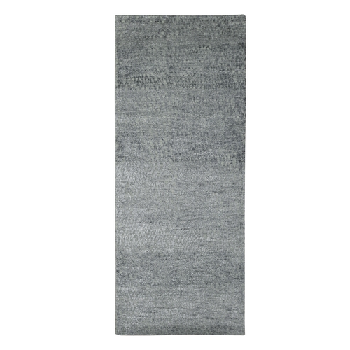 Flannel Gray, Hand Knotted, Contemporary Design, Densely Woven, Persian Knot, Silk with Textured Wool Pile, Tone on Tone, Narrow Runner, Oriental 