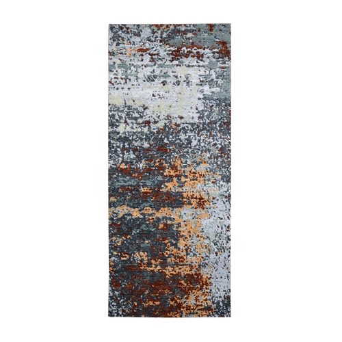 Charcoal Gray with Rust, Persian Knot, Abstract with Galaxy Design, 100% Wool, Hand Knotted, Densely Woven, Runner, Oriental 
