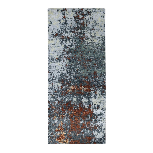 Charcoal Gray with Rust, 100% Wool, Hand Knotted, Persian Knot, Abstract with Galaxy Design, Densely Woven, Runner, Oriental 