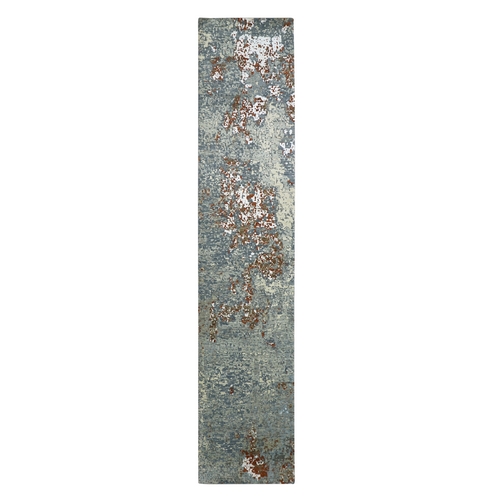 Pewter Gray with Rust, Abstract with Galaxy Design, Densely Woven, Persian Knot, 100% Wool, Hand Knotted, Narrow Runner, Oriental 