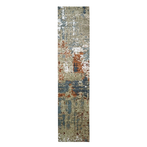 Beige with Rust, Persian Knot, Abstract with Galaxy Design, 100% Wool, Hand Knotted, Densely Woven, Narrow Runner, Oriental 