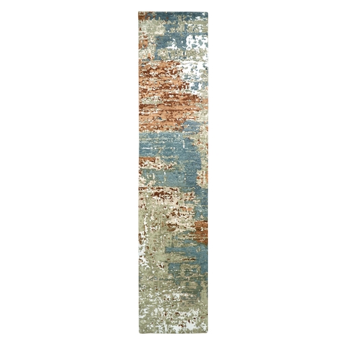 Beige and Rust, Abstract with Galaxy Design, Hand Knotted, 100% Wool, Persian Knot, Densely Woven, Narrow Runner, Oriental 