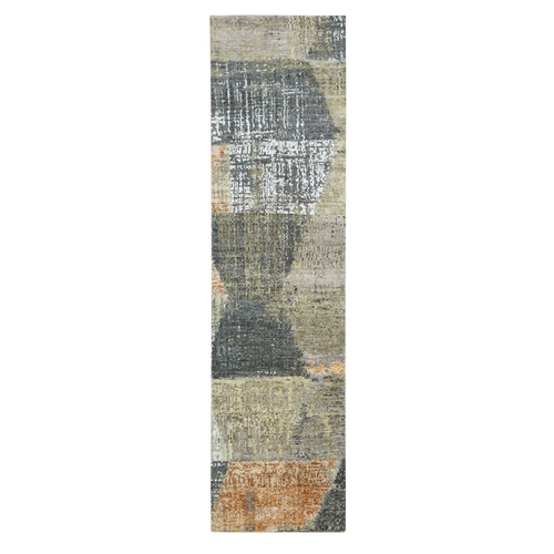 Charcoal Gray and Beige, Mid Century Modern Contemporary Design, Persian Knot, Hand Knotted, 100% Wool, Runner, Oriental 