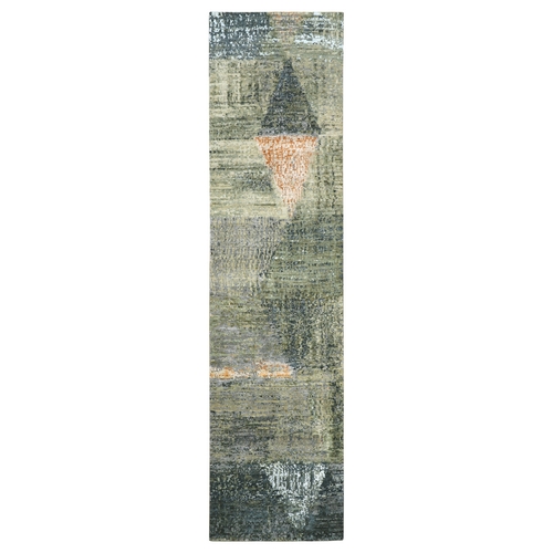 Charcoal Gray and Beige, Mid Century Modern Contemporary Design, Persian Knot, Hand Knotted, 100% Wool, Runner, Oriental 