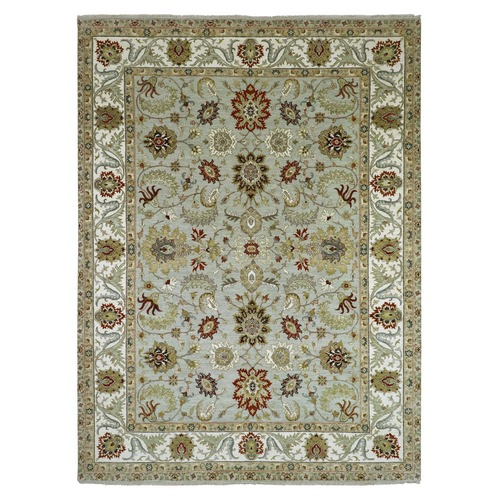 Light Green, Hand Knotted, Agra with Ziegler Design, Floral Motifs, Pure Wool, Vegetable Dyes, Oriental 