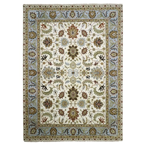 Pearl White, Agra with Ziegler Design, Floral Motifs, Hand Knotted, Pure Wool, Vegetable Dyes, Oriental 