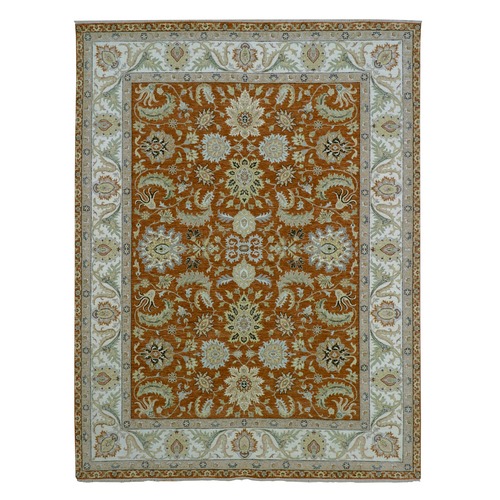 Rust Red, Hand Knotted, Agra with Ziegler Design, Floral Motifs, Pure Wool, Vegetable Dyes, Oriental 
