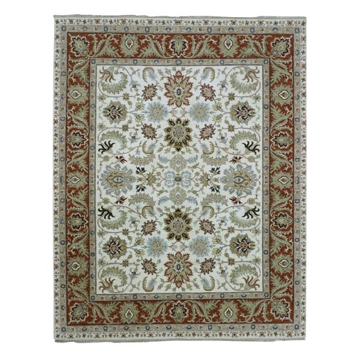 Swan White, Agra with Ziegler Design, Floral Motifs, Hand Knotted, Pure Wool, Vegetable Dyes, Oriental 