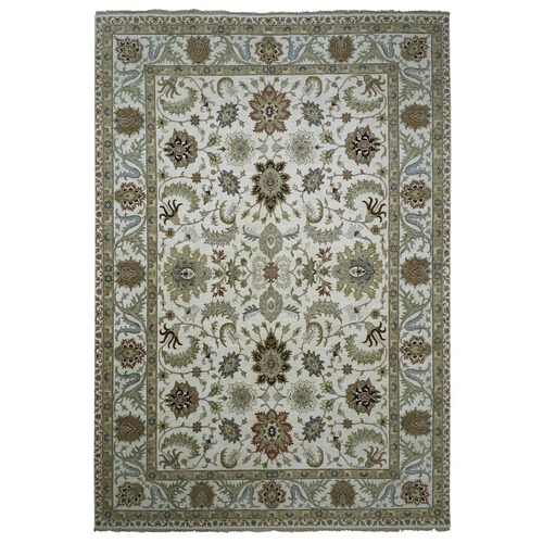 Swan White, Agra with Ziegler Design, Hand Knotted, Floral Motifs, Pure Wool, Vegetable Dyes, Oriental 