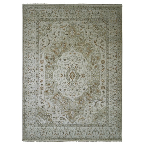 Khaki Brown, Antiqued Tabriz Medallion Design with Soft Colors, Hand Knotted, 100% Wool, Oriental 
