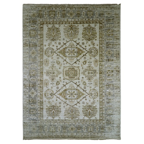 Chiffon White, Mahal Design with All Over Leaf Motifs, Hand Knotted, 100% Wool, Denser Weave, Oriental 