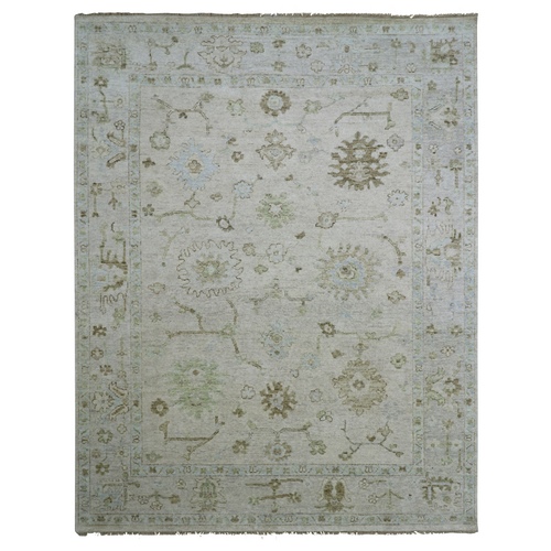 Pearl White, Oushak with All Over Leaf Design, Hand Knotted, Pure Wool, Denser Weave, Oriental 