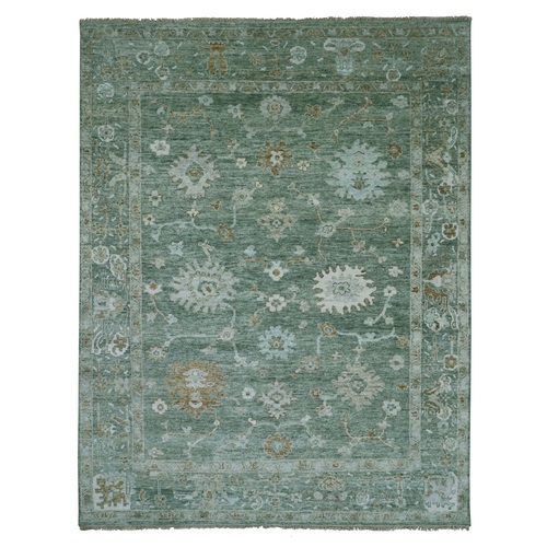 Sage Green, Oushak with Floral Motifs, Hand Knotted, Pure Wool, Denser Weave, Oriental 