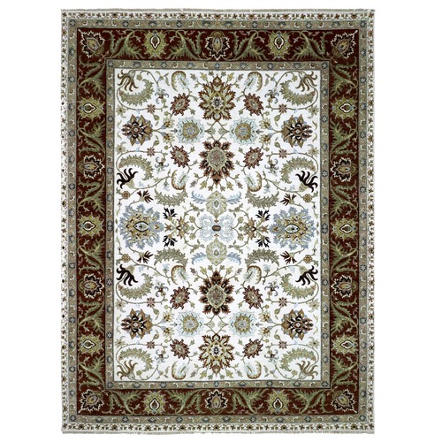 Oxford White and Auburn Red Border, Agra Scroll and Large Leaf Design Hand Knotted 100% Wool, Oriental Rug