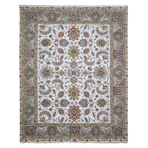 Vista White With Tapestry Brown, Agra 100% Wool Hand Knotted Scroll and Large Leaf Design, Natural Dyes, Oriental Rug