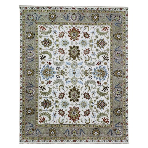 Huron White, Chocolate Brown Border, Agra Scroll and Large Leaf Design, Hand Knotted Vegetable Dyes, Natural Wool Oriental Rug