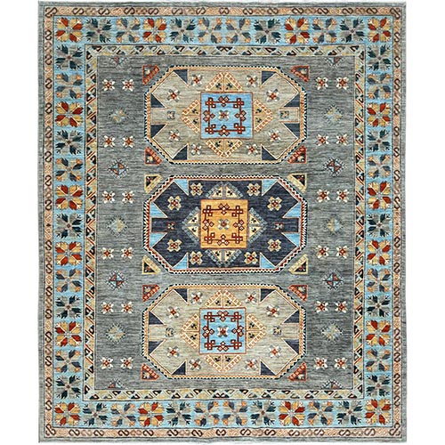 Cadet Gray, Armenian Inspired Caucasian Design, Soft Wool, Hand Knotted, Oriental Rug