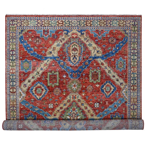 Coral Red, Heriz with All Over Design, Supple Collection Hand Knotted, Thick and Plush, Soft Wool Oriental Rug