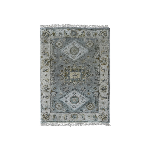 Gray and Ivory, Extra Soft Wool, Karajeh Design with Geometric Medallion, Hand Knotted, Mat Oriental Rug