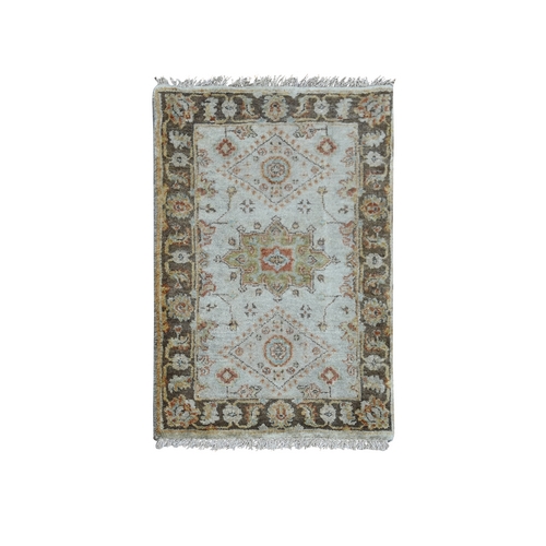 Light Gray, Karajeh Design with Tribal Medallions, Pure Wool Hand Knotted, Mat Oriental Rug