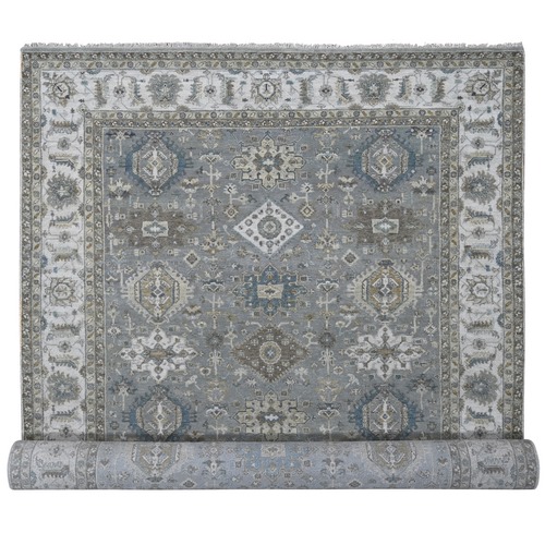 Gray and Ivory, Hand Knotted, Karajeh Design with Geometric Medallion, Pure Wool, Gallery Size Oriental Rug