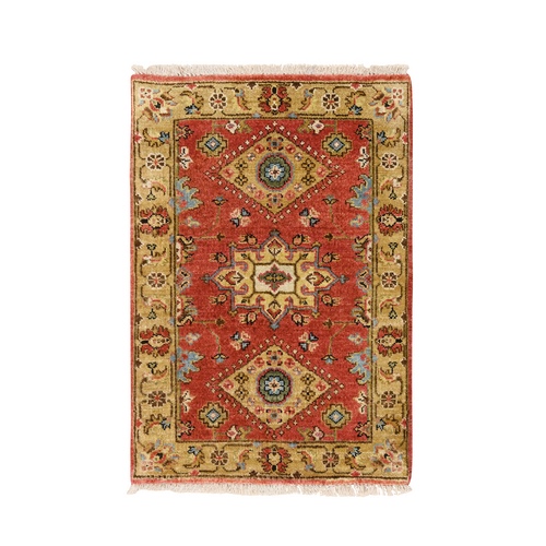 Red and Gold, Karajeh Design, with Geometric Medallions, Natural Wool, Hand Knotted, Mat Oriental 