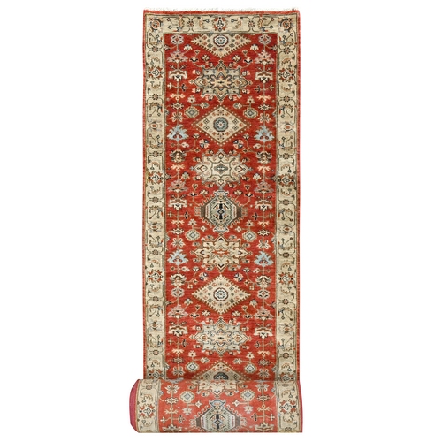 Red and Gold, Karajeh Design, with Geometric Medallions, Extra Soft Wool, Hand Knotted, XL Runner Oriental 