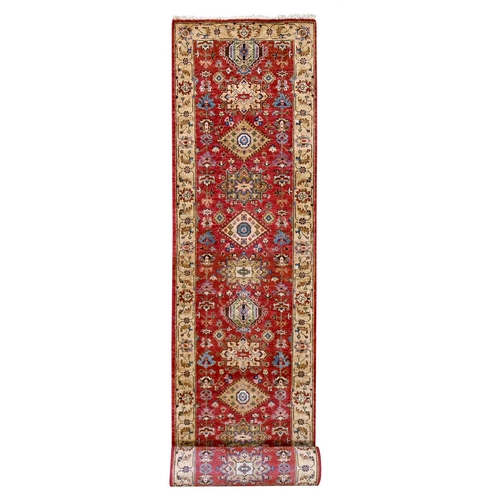 Red, Hand Knotted, Organic Wool,  Karajeh Design, XL Runner, Soft to the Touch Pile  Oriental 