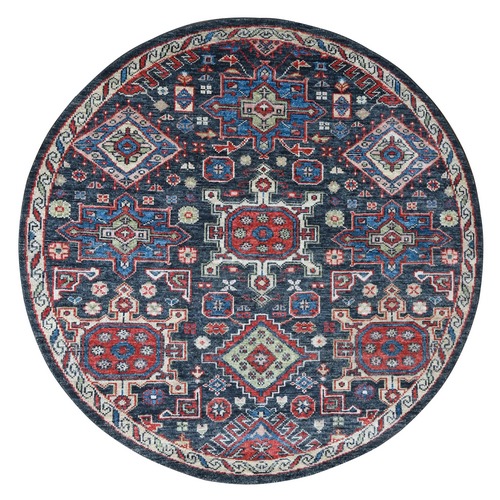 Charcoal Black, Karajeh Heriz Geometric Design, Supple Collection, Thick and Plush, Pure Wool Hand Knotted, Round Oriental Rug