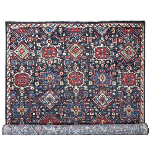 Charcoal Black, Soft and Vibrant Pile, Karajeh Heriz Geometric Design, Supple Collection, Plush and Lush, 100% Wool Hand Knotted, Oversized Oriental Rug