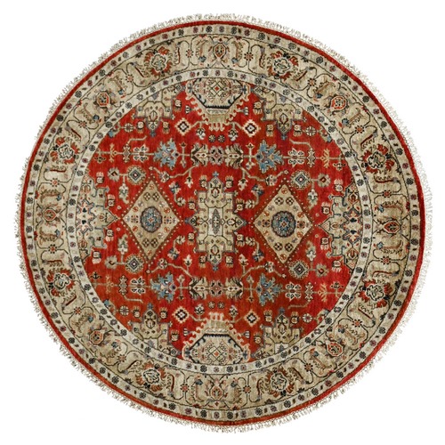 Chili Red, Hand Knotted, Organic Wool, Natural Dyes, Karajeh Design, Round, Soft to the Touch Pile, Oriental Rug