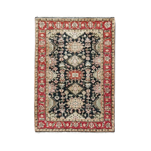 Black with Red, Karajeh Design with All Over Pattern, Hand Knotted, Pure Wool, Oriental Rug