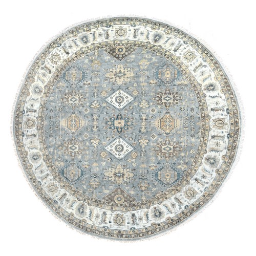 Blue Gray and Pearl White, Hand Knotted,  Extra Soft Wool, Round, Karajeh Design with Geometric Medallion, Natural Dyes, Oriental 