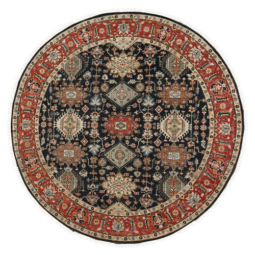 Void Black, Vegetable Dyes, Natural Wool, Soft and Vibrant Pile, Karajeh Design with All Over Pattern, Hand Knotted, Round Oriental Rug