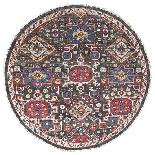 Charcoal Black, Thick and Plush, Pure Wool, Karajeh Heriz Geometric Design, Supple Collection, Hand Knotted, Round Oriental Rug
