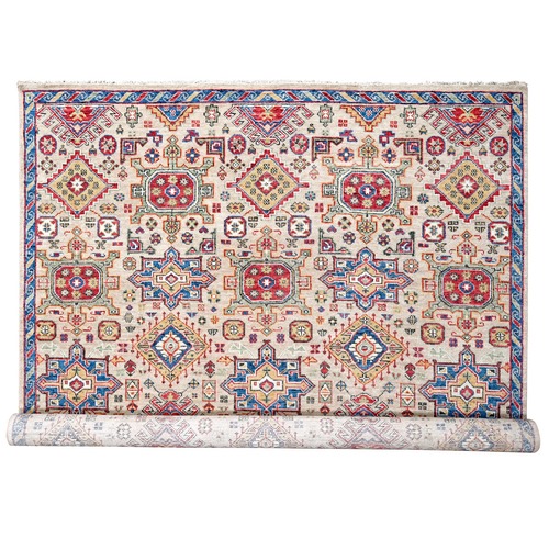 Buttery Brown and Sapphire Blue, Karajeh Heriz Geometric Design, Thick and Plush, 100% Wool, Supple Collection, Hand Knotted, Oversized Oriental Rug