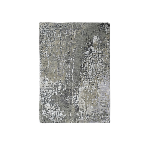 Taupe, Abstract with Mosaic Design, Dense Weave Wool and Silk, Hand Knotted, Mat Oriental Rug