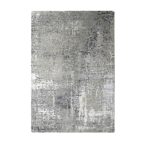 Silver Gray, Modern Abstract with Mosaic Design, Persian Knot, Densely Woven, Wool and Silk, Hand Knotted, Oriental 