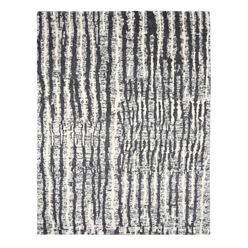 Black and Ivory, Modern Vertical Broken Stripe Design, Plush Pile, Organic Undyed Wool, Hand Knotted, Oriental Rug
