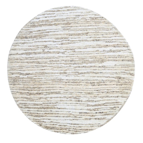 Brown and Ivory, Hand Knotted Striae Minimalist Design, Natural Colors, Undyed Plush Wool, Round, Oriental 