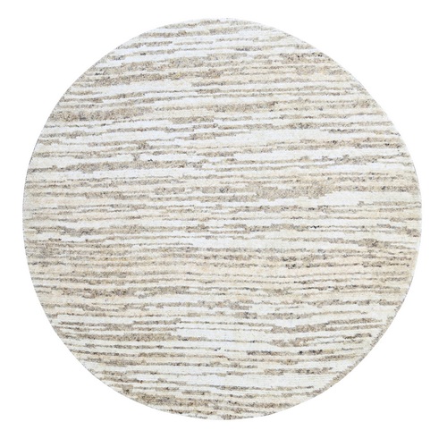 Brown and Ivory, Hand Knotted, Thick Chunky Texture, Natural Colors, Undyed Plush Wool, Round, Oriental 