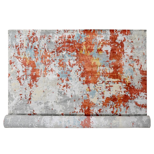 Gray and Rust, Wool And Silk, Abstract With Fire Mosaic Design, Hand Knotted, Persian Knot, Oversized Oriental 