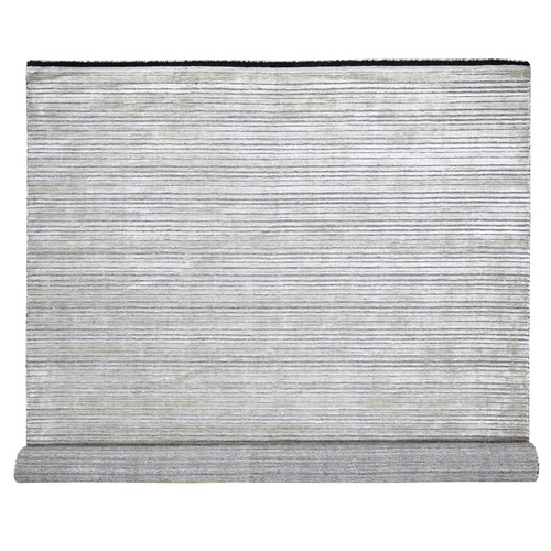 Taupe, Modern Textured and Variegated Line Design, Wool and Plant Based Silk, Hand Loomed, Oriental Rug